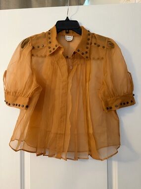 Maeve Sheer Puff-Sleeve Studded Button-Front Blouse in Copper